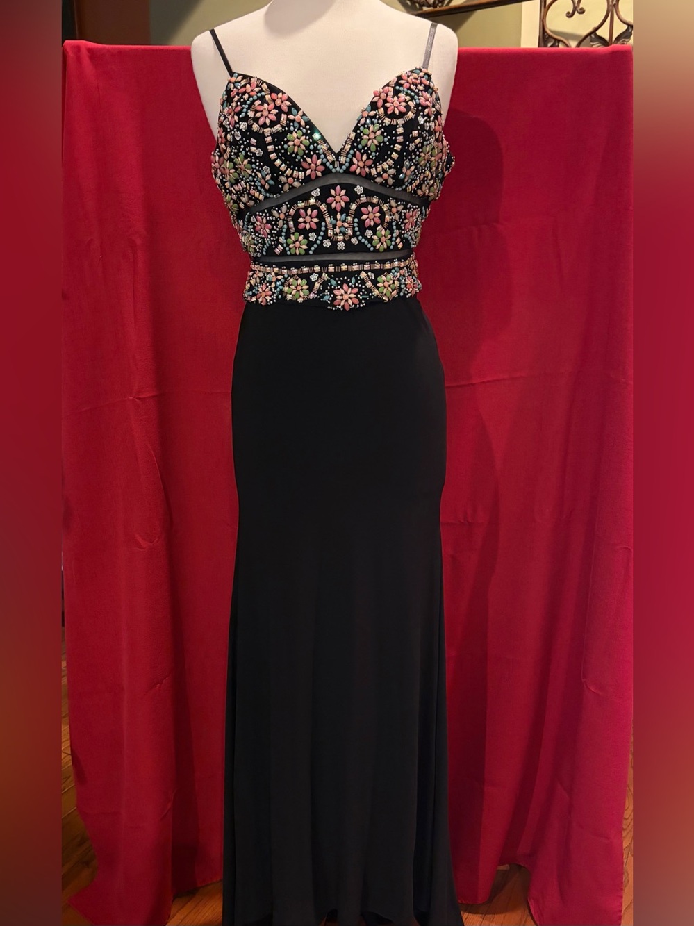Faviana Black Prom Gown with Multicolor Beaded Floral Bodice